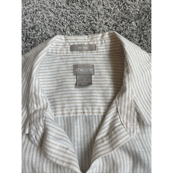 Chico’s No-iron Button-up Linen Roll Sleeve Blouse Size 2 Large Tan White Stripe - Picture 4 of 9